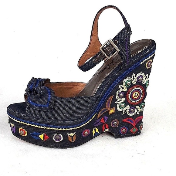 Sam Edelman Shoes - Sam Edelman Platform Wedges Denim Embroidered Sz 8